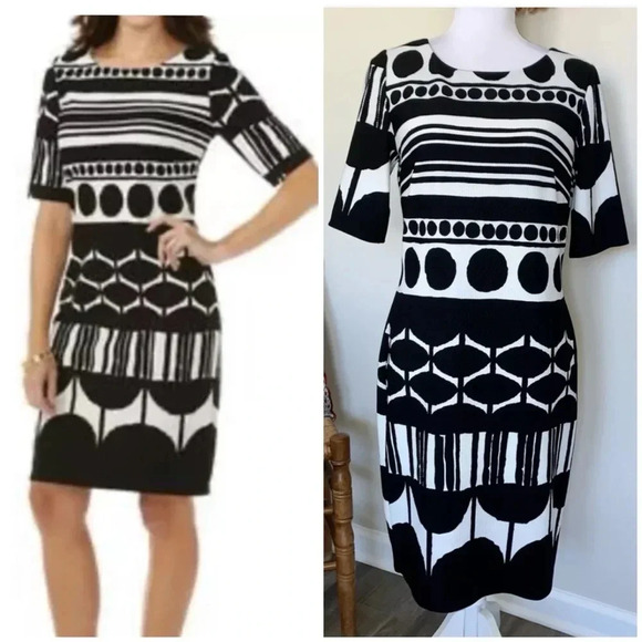 CATO Black White Print Sheath Dress Geometric Print Half Sleeve Size 10 - Picture 1 of 13